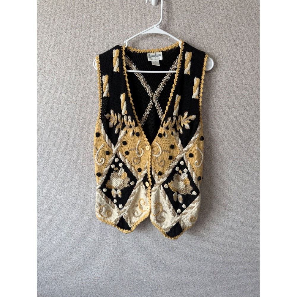 Vintage Neiman Marcus Exclusive Knit‎ Vest Black Gold Embroidered Cotton Ramie S